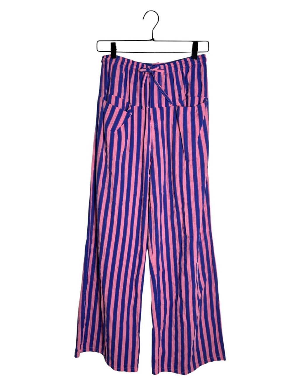 Pink Blue Vertical Striped Wide Leg Pants Drawstring High Waist Boho Lounge